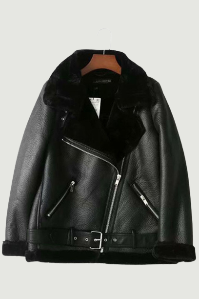 Winter Short Jacket Female Fur Locomotive Retro Loose Lapel Zipper Biker Moto Short Coat Women Streetwear Thick Outwear