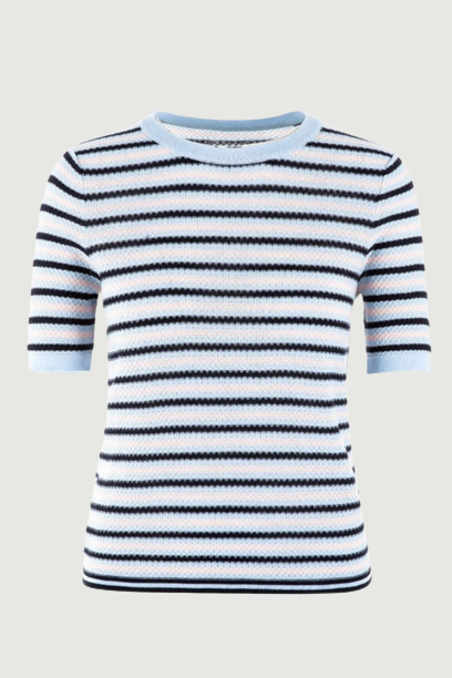 Luxury Knitted T-Shirt For Women Summer High Quality O-Neck Short Sleeve Blue Striped Casual Tops