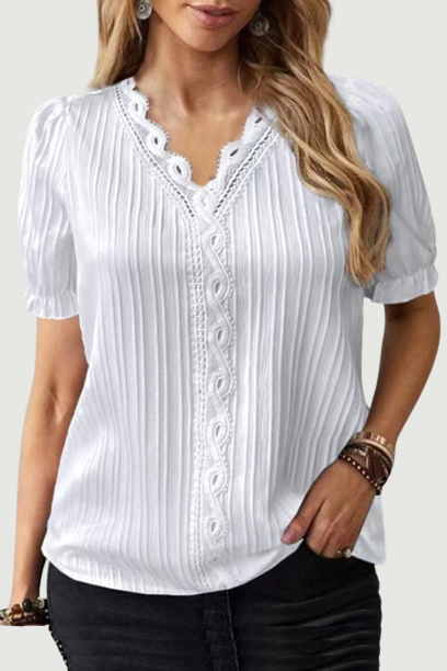 V-neck Elegant Summer Blouse Women Lace Hollow Out Short Sleeve Tops Loose Ladies Office Simple Casual Shirts