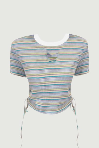 Women's T Shirt Style Green Striped Crop Top Slim Lady T-Shirt Tees Shirt Clothes Vintage