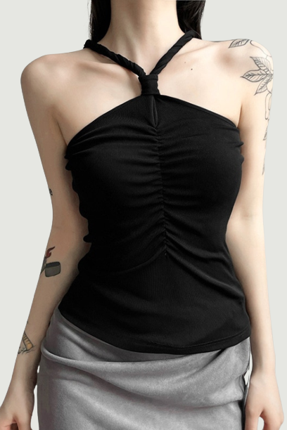 Goth Dark Tie Ruched Mall Gothic Casual Camisoles Grunge Style Bodycon Ribbed Basic Crop Tops Women Sexy Backless Summer Clothes