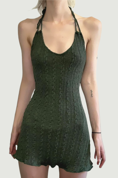 Dark Knitted Fairy Grunge Green Folds Mini Dresses Gothic Retro Backless A-Line Women Dress Sexy Halter Lettuce Hem Outfits