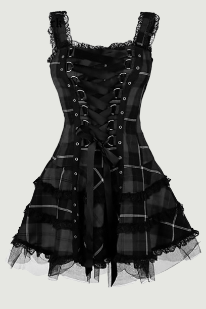 Goth Dark Plaid Bandage Gothic Women A-line Dresses Grunge Aesthetic Lace Trim Patchwork Mini Dress Punk Bodycon Sexy Partywear