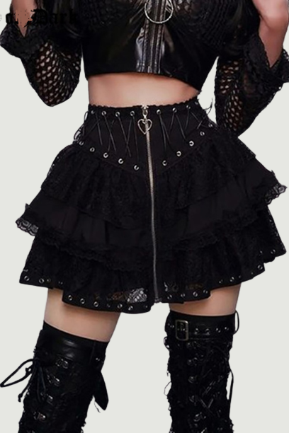 Dark Lace Patchwork Mall Gothic Pleated Skirts Grunge Aesthetic Punk Bandage Zip Up Mini Skirt Women Streetwear Alt Clothes