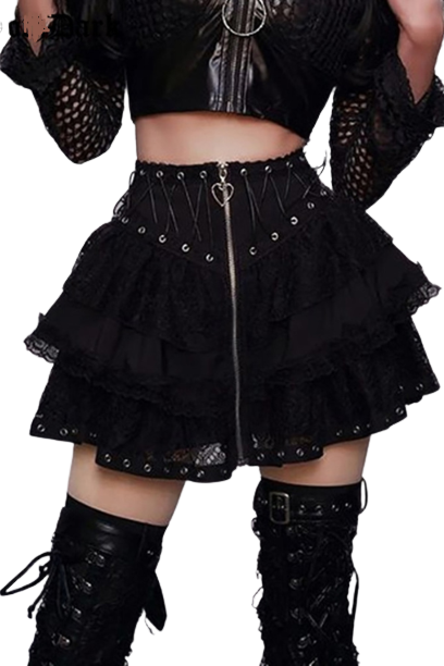 Dark Lace Patchwork Mall Gothic Pleated Skirts Grunge Aesthetic Punk Bandage Zip Up Mini Skirt Women Streetwear Alt Clothes