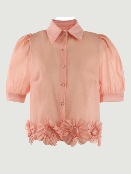 Women Apricot Flower Thin Elegant Blouse Lapel Short Puff Sleeve Loose Fit Shirt Spring