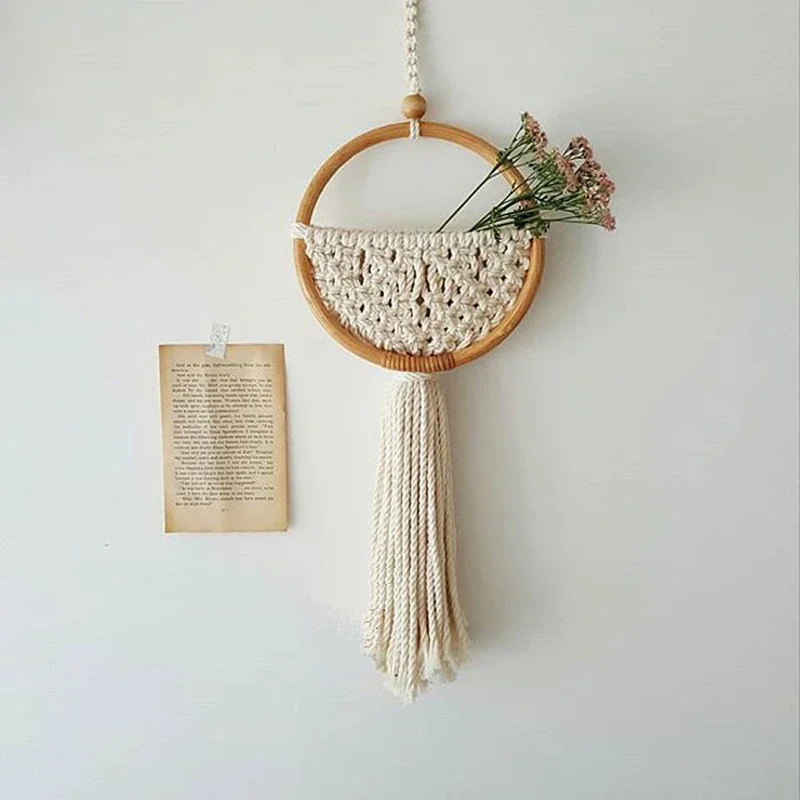 Macrame Wall Hanging Nordic Ins Door Wall Decoration Home Background Round Wall Tapestry Woven Flower Pot  Dorm Room Decor