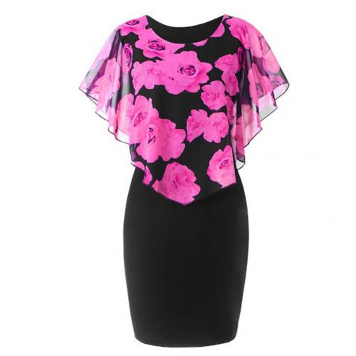 Womens Dress Elegant Office Rose Flower Cape Bodycon Knee Length Dress Party Midi Pencil Dresses