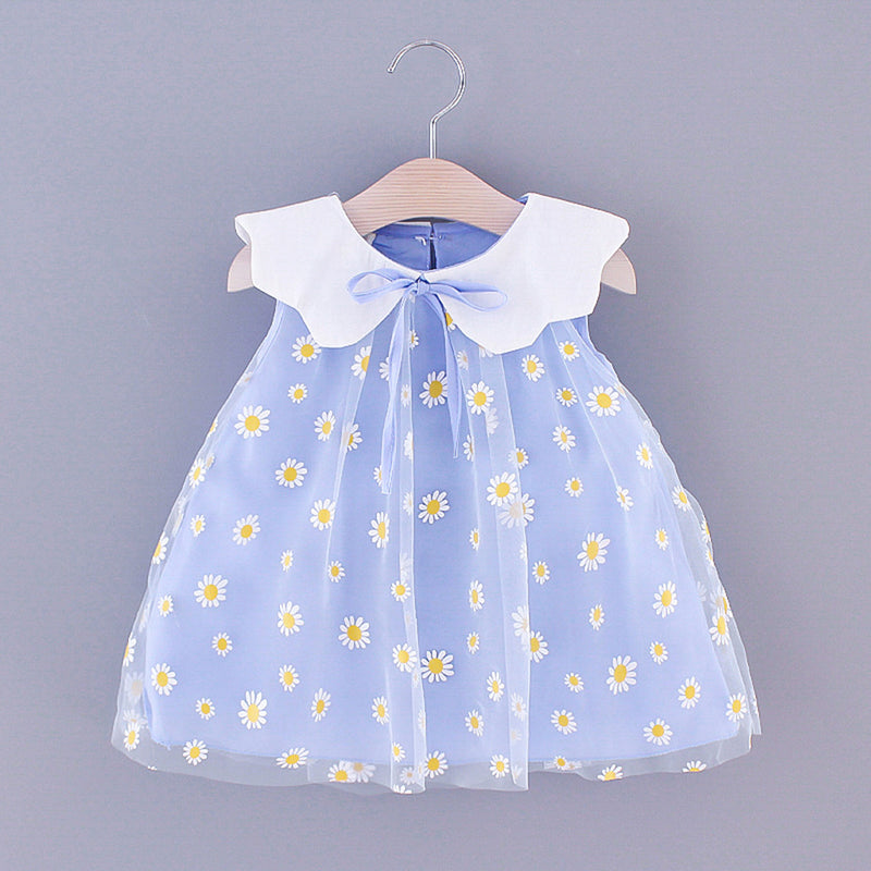 Baby Girls Dress Summer Sailor Collar Sleeveless Embroidery Cute Dress Daisy Tulle Princess Dress