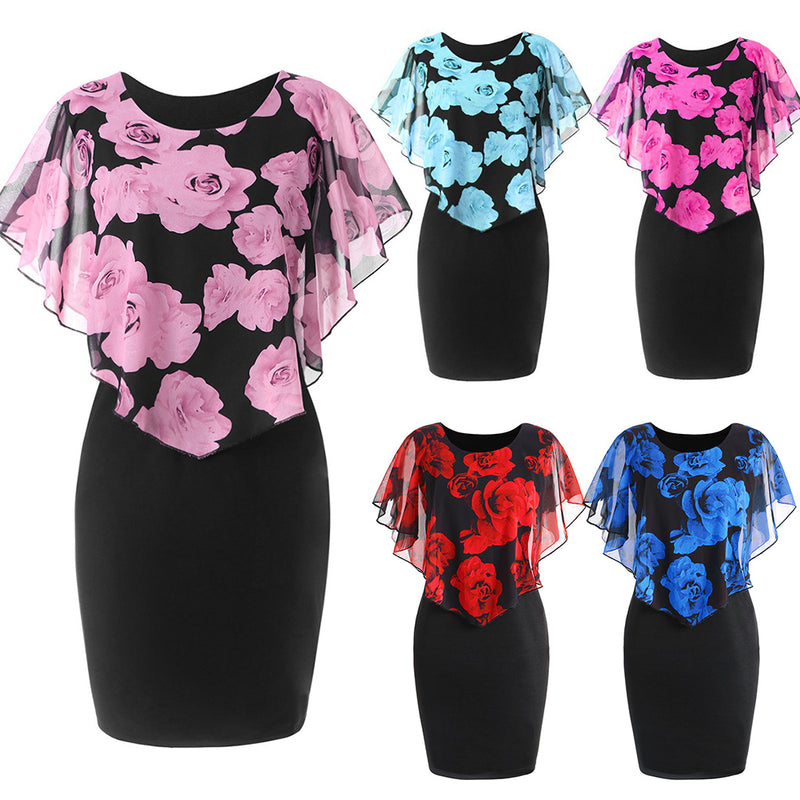 Womens Dress Elegant Office Rose Flower Cape Bodycon Knee Length Dress Party Midi Pencil Dresses