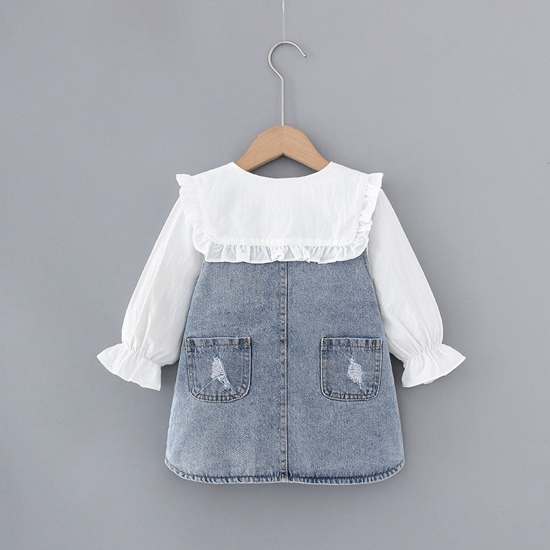 Baby Girls Peter Pan Collar Long Sleeve Shirt+Denim Dress Suspender Strap Suit Spring Children Two-Piece Set