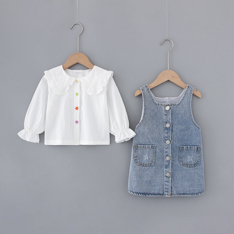 Baby Girls Peter Pan Collar Long Sleeve Shirt+Denim Dress Suspender Strap Suit Spring Children Two-Piece Set