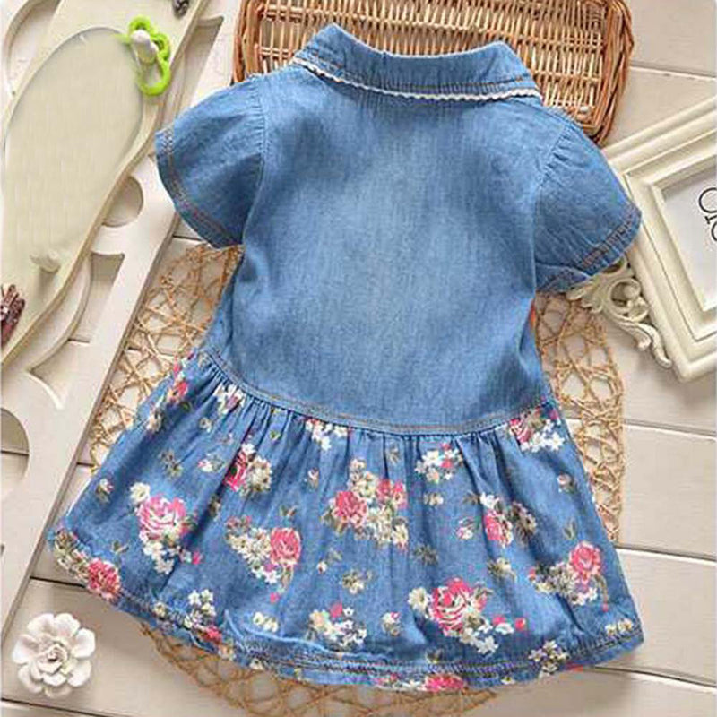 Robe de princesse en Denim pour petites filles, tenue d'été, motif Floral, avec nœud papillon, manches courtes, tenue d'été