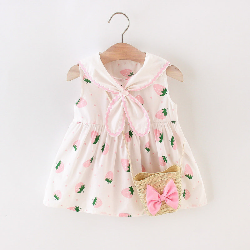 Kawaii – robe d'été à col bleu marine pour bébés filles, sans manches, à pois de fraises, tenue de princesse décontractée pour tous les jours