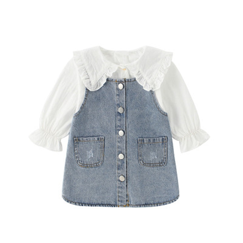 Baby Girls Peter Pan Collar Long Sleeve Shirt+Denim Dress Suspender Strap Suit Spring Children Two-Piece Set