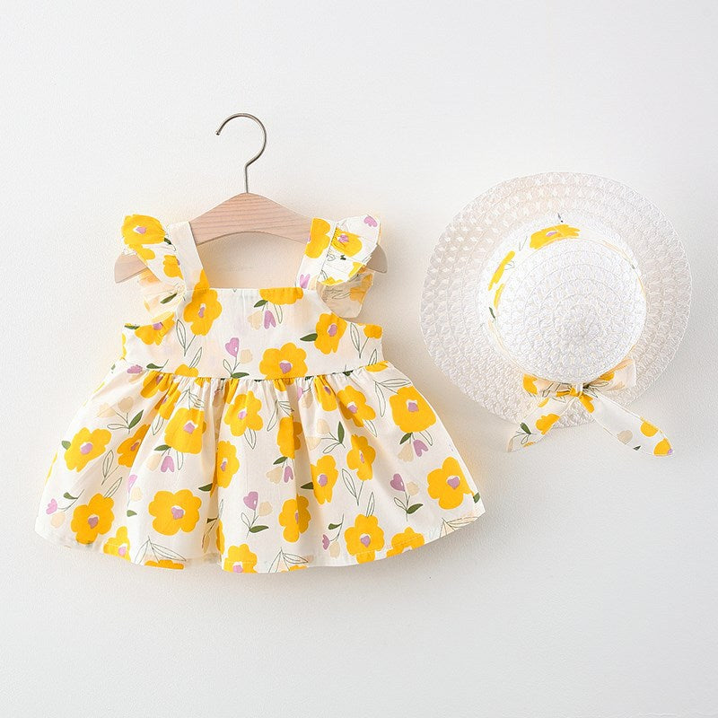 Children's Floral Dress Girl Summer Style Flying Sleeve Frill Dress Princess Dress Hat