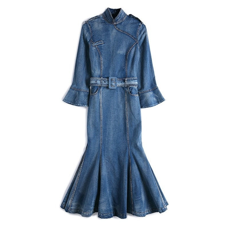 Elegant Denim Dress Women Flare Sleeve Mermaid Dresses Autumn Blue Slim Party Bodycon Dress Female Mid-calf Clothes