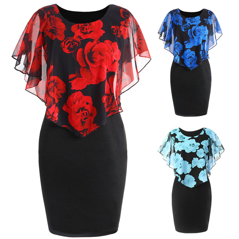 Womens Dress Elegant Office Rose Flower Cape Bodycon Knee Length Dress Party Midi Pencil Dresses