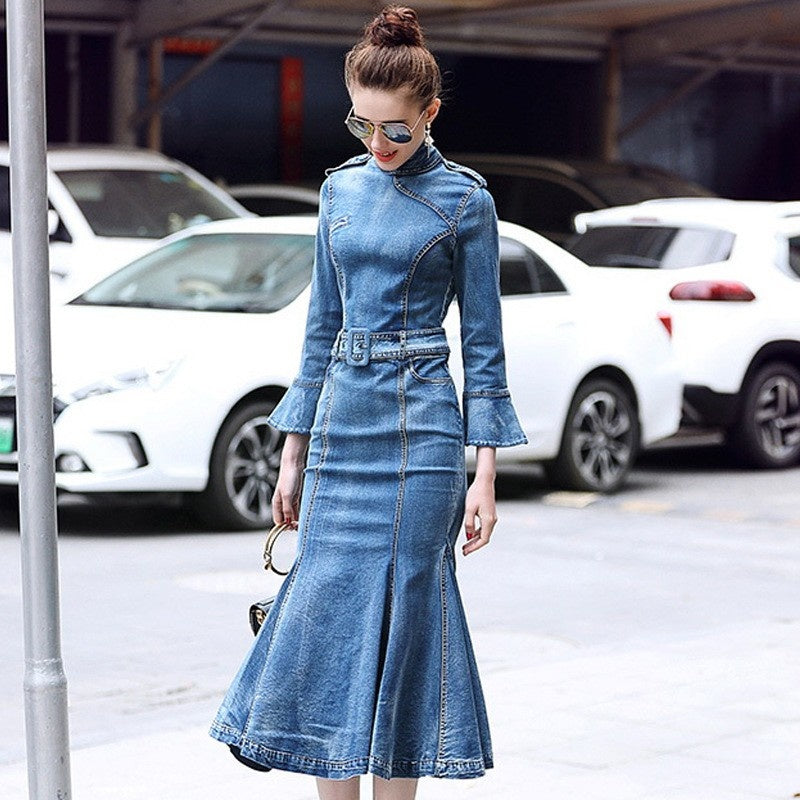 Elegant Denim Dress Women Flare Sleeve Mermaid Dresses Autumn Blue Slim Party Bodycon Dress Female Mid-calf Clothes