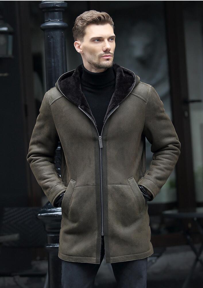 Original Ecological Fur One Men Leather Jacket Hooded Genuine Leather Coat Men Winter Long Slim Sheepskin Jackets