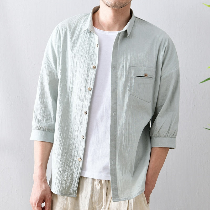 Men Thin Casual Simple Youth Breathable Half Sleeve Pocket Loose Summer