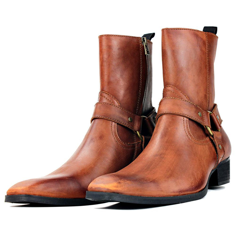 Luxury new designer Pointed Toe Buckle Strap retro Leather Men Boots