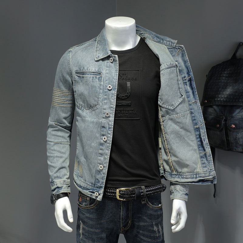 Spring Jeans Jacket Men Denim Coat Lapel Long Sleeve Bomber Motorcycle Retro Embroidery Slim Streetwear Outwear Clothing