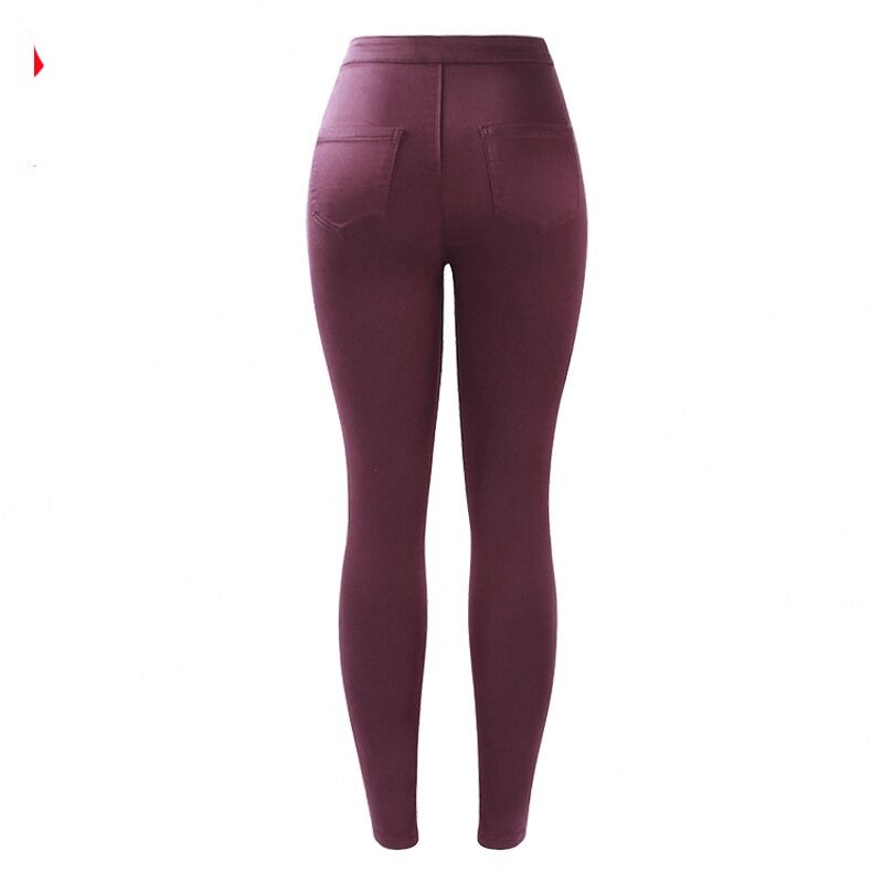 High Waisted Burgundy Elastic Denim Jean Women`s Pants Trousers Skinny Pencil Woman Jeans Femme