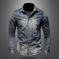 Retro Jeans Shirt Men Denim Shirts Slim Long Sleeve Stand Collar Plaid Printing Motorcycle Streetwear Leisure Thin Coat