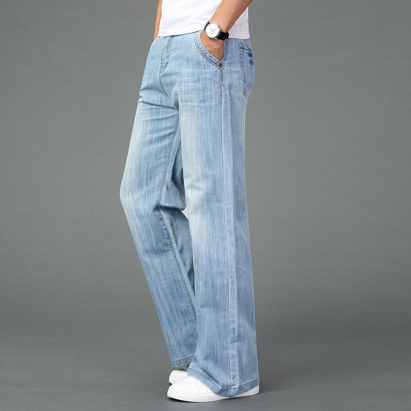 Men Summer Thin Wide Leg Jeans Light Blue Big Straight Long Pants Boot-Cut Casual Business Trousers