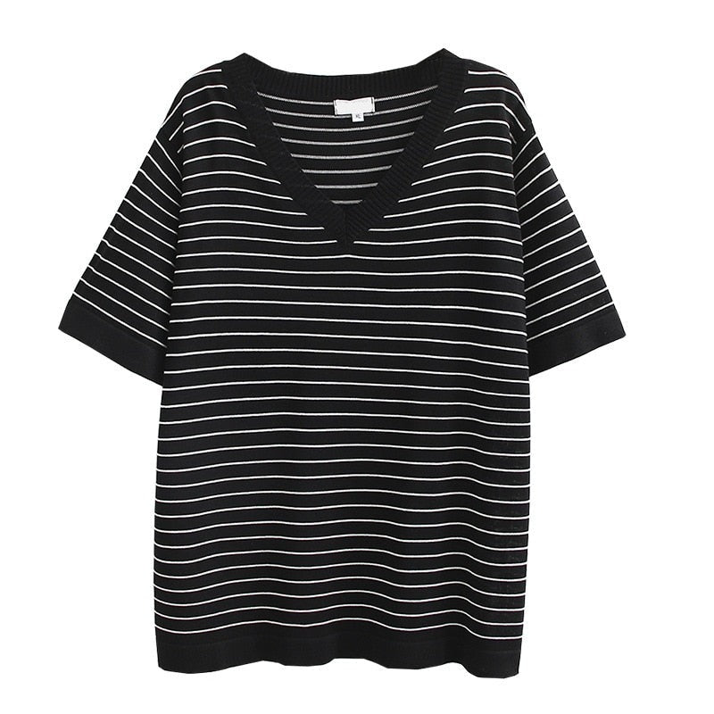 Womens Clothing T-Shirts Summer Tees Casual Short Sleeve V Neck Striped Ice Knitting Tops