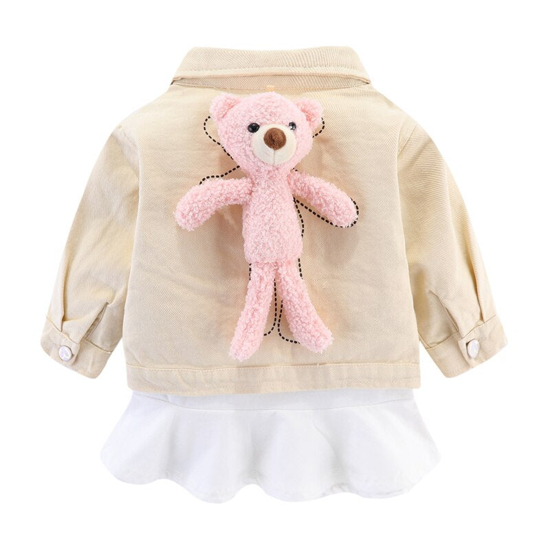 Girl Clothes Set with Bear Plush Kids Jacket and Sweatshirt Dress Suit for Girls Spring Cute Clothing Suit Novelty