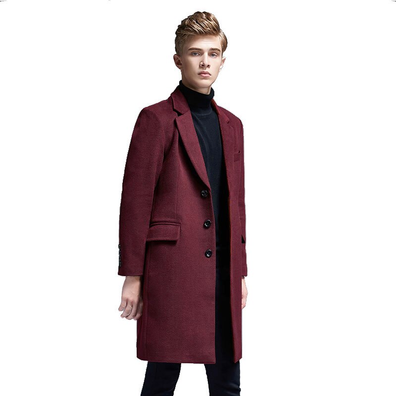 Autumn Winter Casual England Slim Single-Breasted Men Suit Collar Woolen Trench Coat Middle Long Mens Jackets and Coats