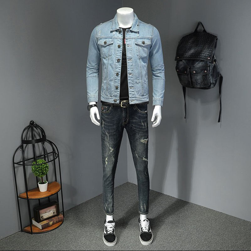 Denim Jacket Men Jeans Coats Lapel Long Sleeve Single-Breasted Slim Motorcycle Bomber Light Blue Casual Outwear Clothing