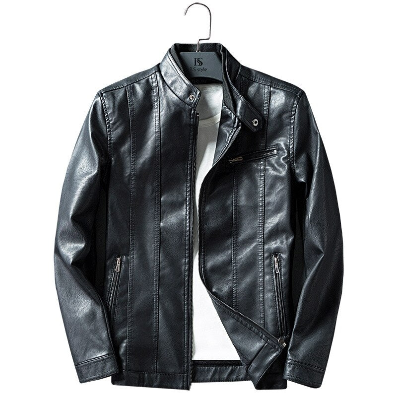 Winter Men Thin Short Leather Jacket Gentlemen Motorcycle Slim Fit Luxury Classic Simple Stand Collar Coat