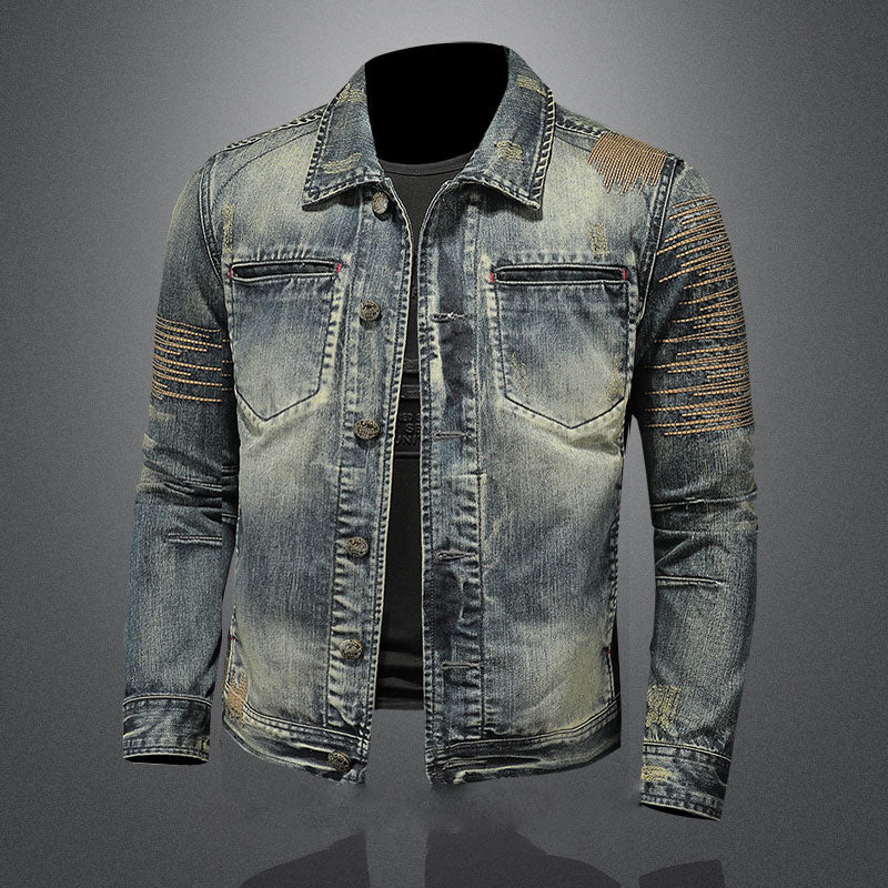 Retro Jeans Jacket Men Denim Coat Autumn Bomber Motorcycle Casual Lapel Long Sleeve Embroidery Slim Clothing