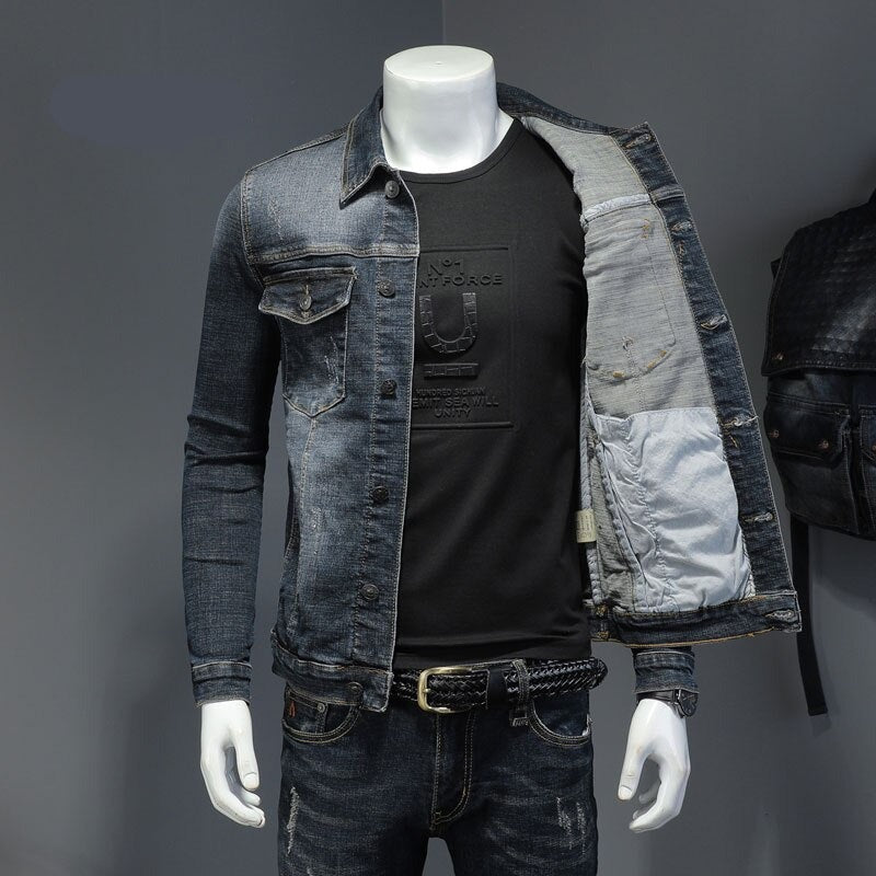 Spring Denim Jacket Men Jeans Coat Cotton Elasticity Turndown Collar Long Sleeve Slim Clothes Gray Blue Bomber