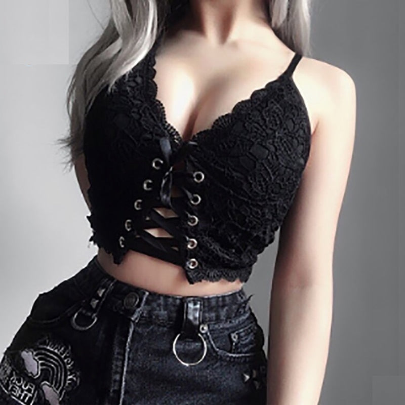 Goth Dark Vintage Bandage Gothic Cropped Top Hollow Out Knitted Autumn Camisole Aesthetic Eyelet Grunge Punk Sexy