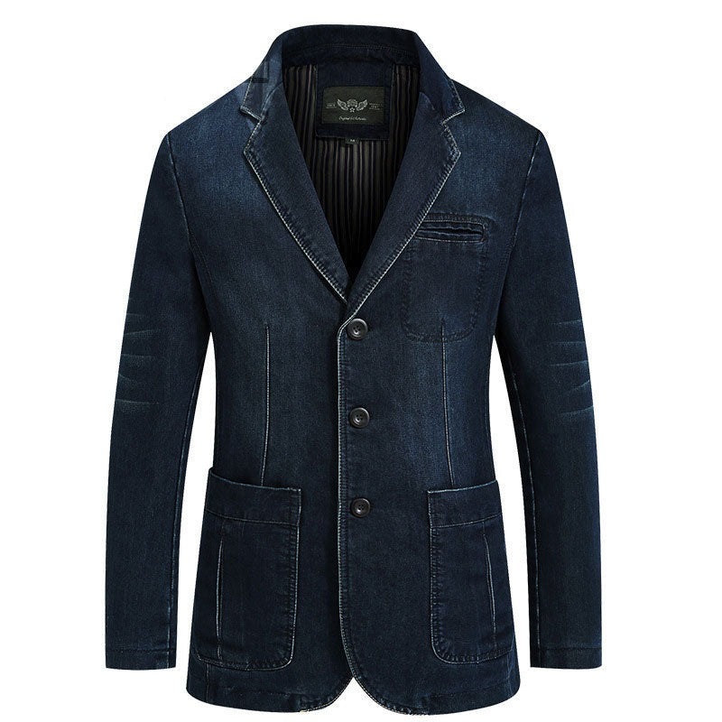 Autumn Blazer Denim Jacket Men Suit Jeans Coat Cotton Vintage Blue Classic Slim Fat Casual Clothing Overcoat