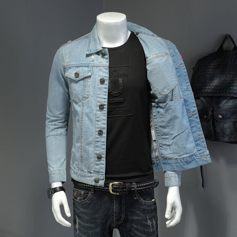 Denim Jacket Men Jeans Coats Lapel Long Sleeve Single-Breasted Slim Motorcycle Bomber Light Blue Casual Outwear Clothing