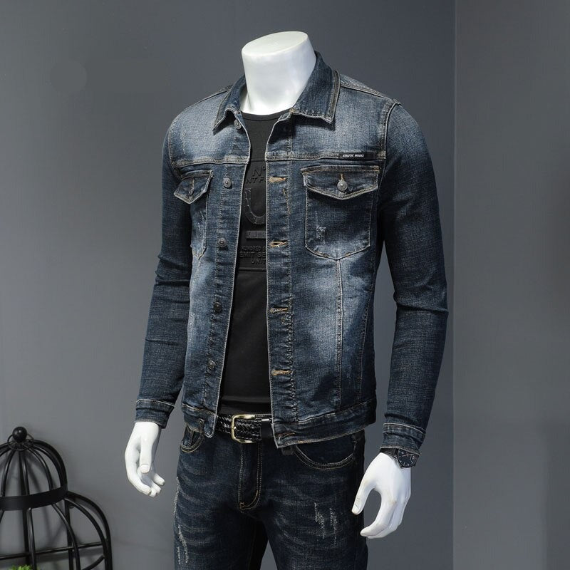 Spring Denim Jacket Men Jeans Coat Cotton Elasticity Turndown Collar Long Sleeve Slim Clothes Gray Blue Bomber