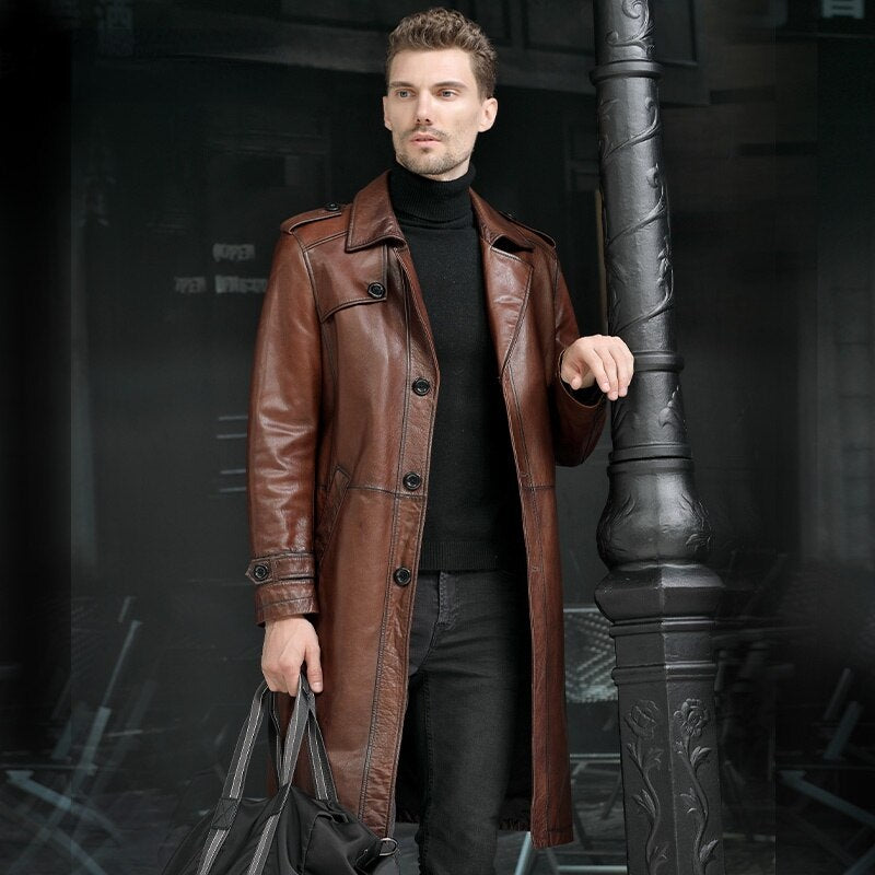 Mens Long Windbreaker Leather Jacket Men Brown over-the-Knee Single-Breasted Overcoat