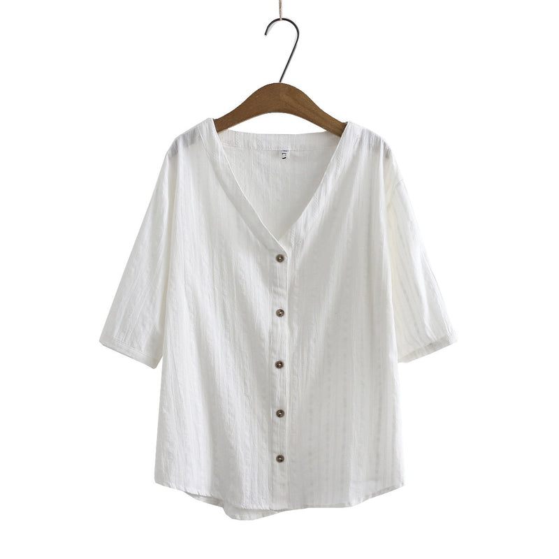 Summer Women Shirt Tops Female Clothes Jacquard V Neck Half Sleeve Blouses Casual