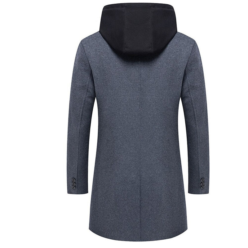 Men wool jackets long solid detachable hooded overcoat warm luxurious woolen blend zipper clothing