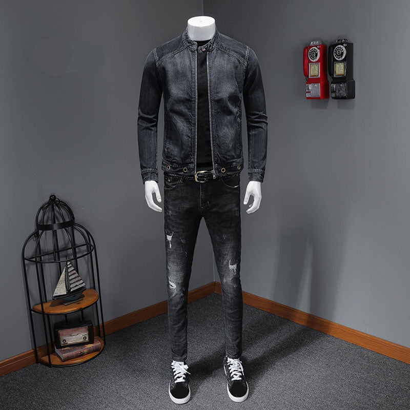 European Stand Collar Bomber Pilot Black Denim Jacket Men Jeans Coats Slim Motorcycle Casual Outwear Clothing Overcoat