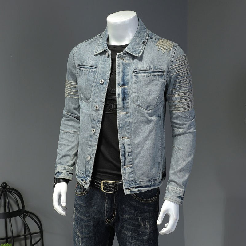 Spring Jeans Jacket Men Denim Coat Lapel Long Sleeve Bomber Motorcycle Retro Embroidery Slim Streetwear Outwear Clothing