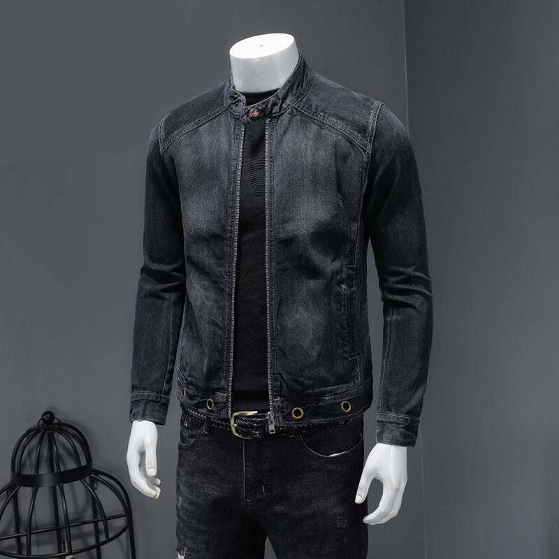 European Stand Collar Bomber Pilot Black Denim Jacket Men Jeans Coats Slim Motorcycle Casual Outwear Clothing Overcoat