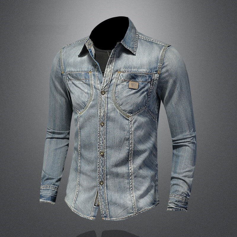 Men Denim Shirt Retro Slim Blue Motorcycle Style Streetwear Leisure Thin Coat