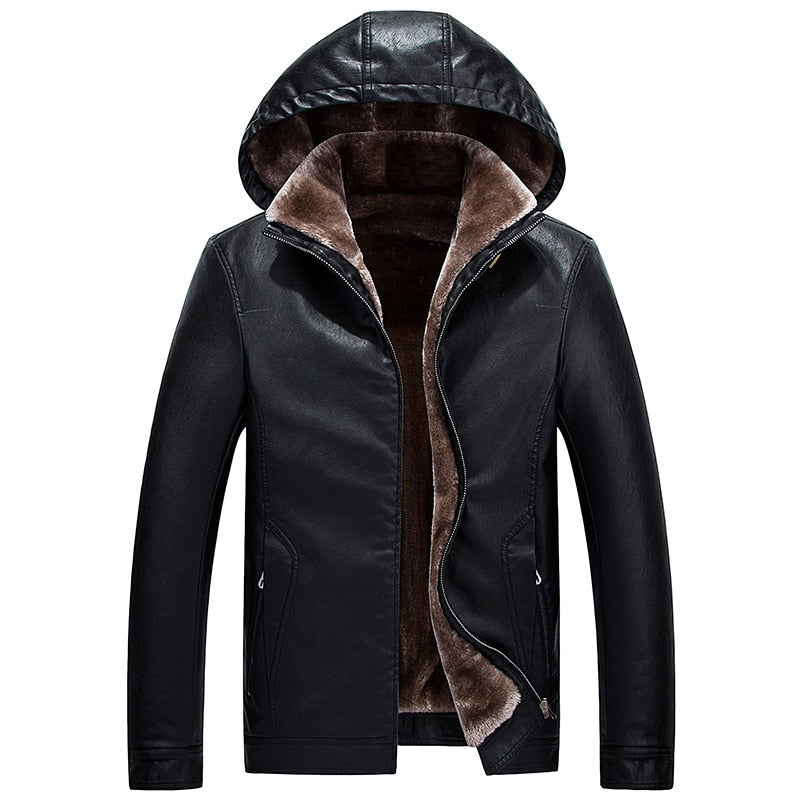 Winter Men Leather Removable Hooded Jackets Warm Fleece Thicken Windproof Slim Zipper Fly Male Biker Coats