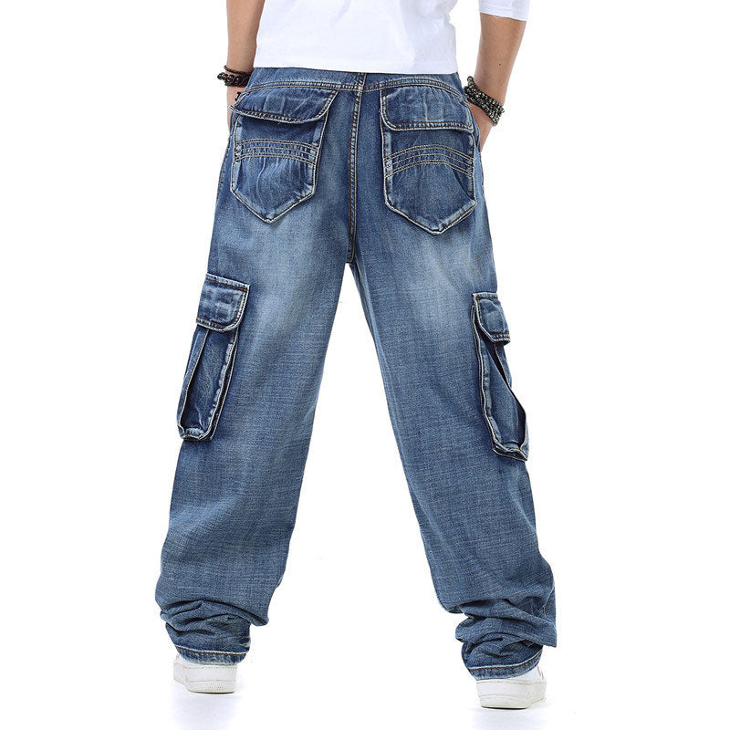 Jeans Men Denim Pants Big Pocket Straight Baggy Casual Streetwear Blue Wide Leg Trousers